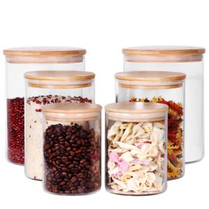 tzerotone glass flour jars with airtight lids, 6 pack sugar and flour salt containers set, extra large glass rice jar with bamboo lid for kitchen, brown suger, beans, groub coffee (100oz/54oz/27oz)