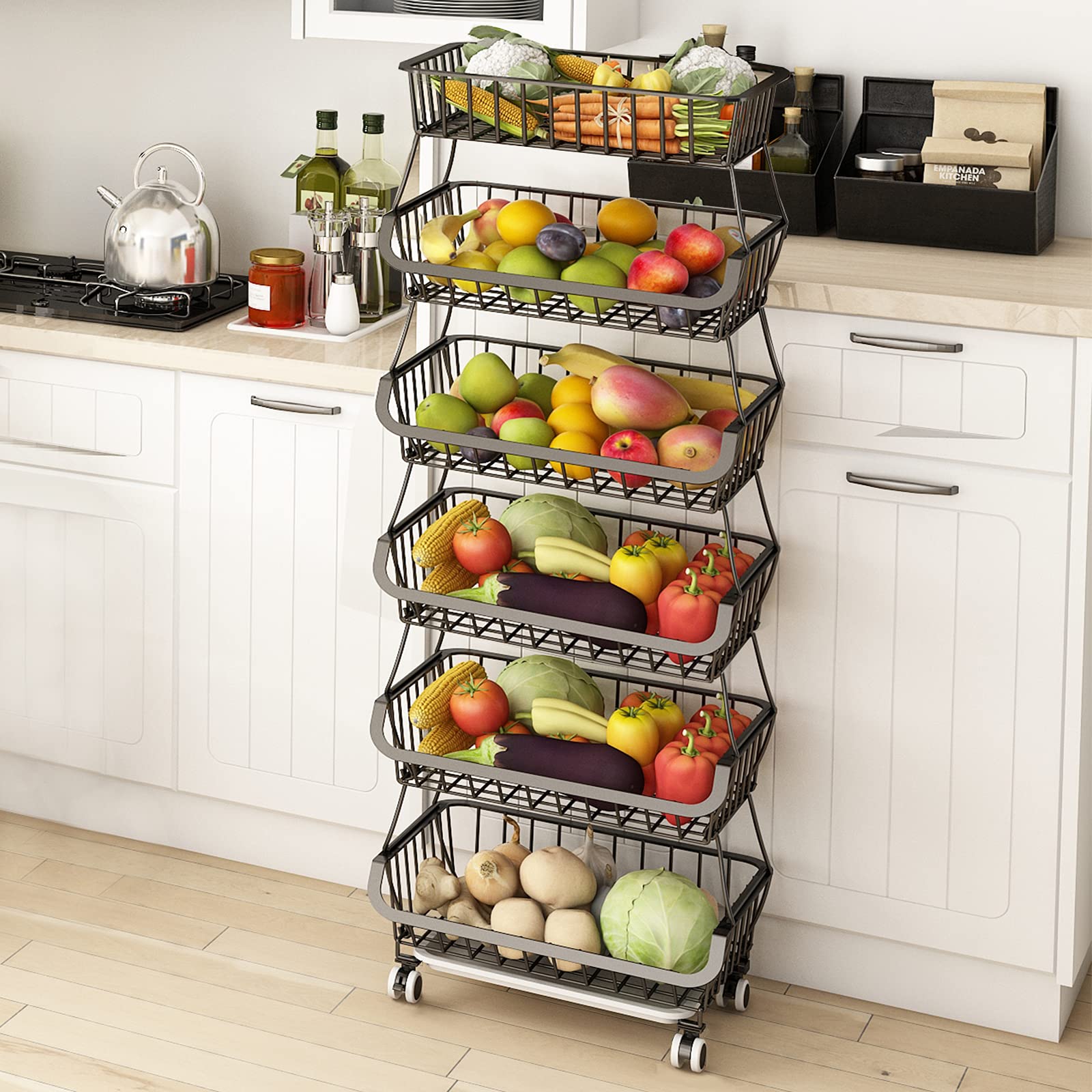 Wisdom Star 6 Tier Fruit Vegetable Basket for Kitchen, Fruit Vegetable Storage Cart/ Bins for Onions and Potatoes, Wire Storage Organizer Utility Cart with Wheels, Black