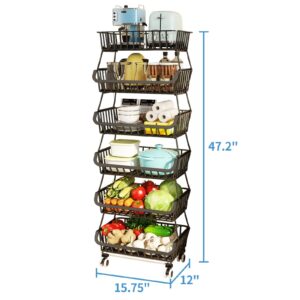 Wisdom Star 6 Tier Fruit Vegetable Basket for Kitchen, Fruit Vegetable Storage Cart/ Bins for Onions and Potatoes, Wire Storage Organizer Utility Cart with Wheels, Black