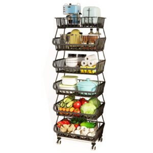 Wisdom Star 6 Tier Fruit Vegetable Basket for Kitchen, Fruit Vegetable Storage Cart/ Bins for Onions and Potatoes, Wire Storage Organizer Utility Cart with Wheels, Black