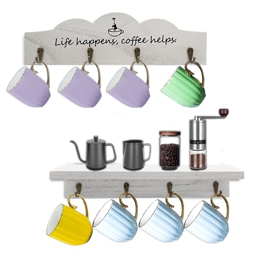 IsmosmCoffee Cup Holder Set of 2 Coffee Mug Holders with 8 Sturdy Hooks Coffee Bar Accessories Mug Rack for Farmhouse Kitchen Decorations, Coffee Station Decor, Mug Organizer, Mug Display (White)