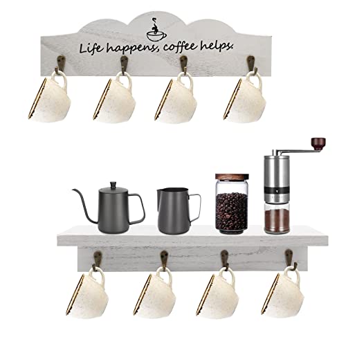 IsmosmCoffee Cup Holder Set of 2 Coffee Mug Holders with 8 Sturdy Hooks Coffee Bar Accessories Mug Rack for Farmhouse Kitchen Decorations, Coffee Station Decor, Mug Organizer, Mug Display (White)