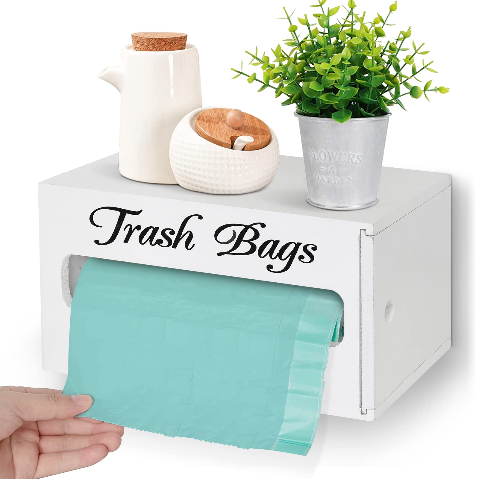 Trash Bag Holder for Kitchen Organizers and Storage, Wooden Farmhouse Plastic Bag Holder Wall Mounted, Trash Bag Dispenser for Kitchen Countertop, Cabinet, Under Sink, Laundry Room Organization