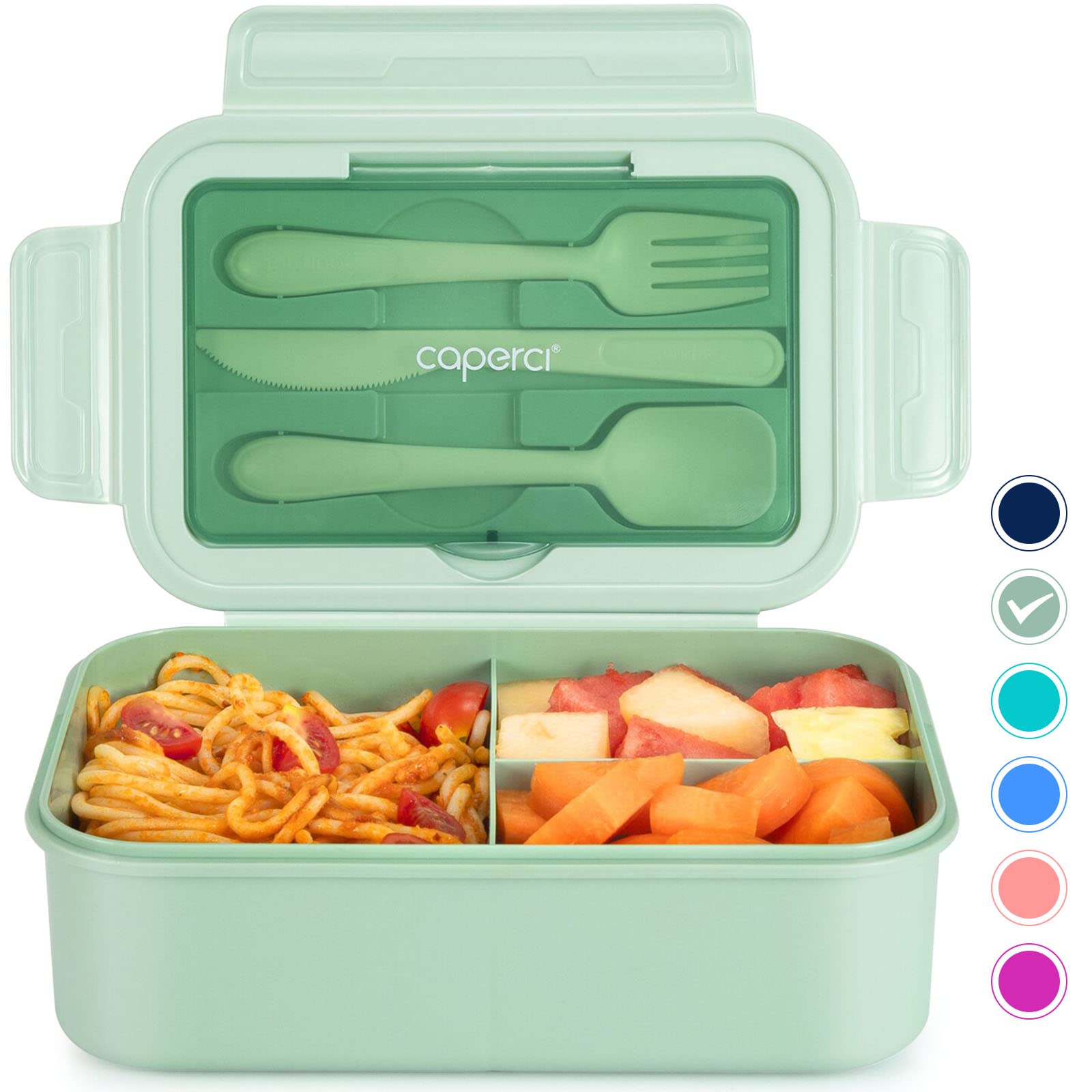 Caperci Classic Bento Box Adult Lunch Box for Older Kids - Leakpoof 47 oz 3-Compartment Lunch Containers for Adults and Teens, Built-in Utensil Set, Ideal for On-the-Go Balanced Eating, Green