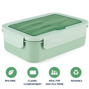 Caperci Classic Bento Box Adult Lunch Box for Older Kids - Leakpoof 47 oz 3-Compartment Lunch Containers for Adults and Teens, Built-in Utensil Set, Ideal for On-the-Go Balanced Eating, Green