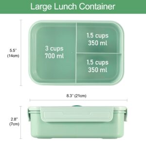 Caperci Classic Bento Box Adult Lunch Box for Older Kids - Leakpoof 47 oz 3-Compartment Lunch Containers for Adults and Teens, Built-in Utensil Set, Ideal for On-the-Go Balanced Eating, Green