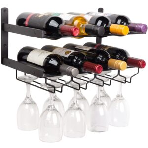 mildenhall industrial wine rack wall mounted with wine glass rack horizontal wine bottle glass holder - holds 8 x glasses and 8 x wine bottles - sturdy carbon steel construction - 17 x 7.5 in