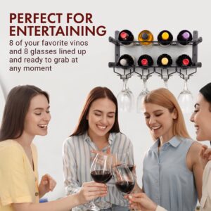 Mildenhall Industrial Wine Rack Wall Mounted with Wine Glass Rack Horizontal Wine Bottle Glass Holder - Holds 8 x Glasses and 8 x Wine Bottles - Sturdy Carbon Steel Construction - 17 x 7.5 in