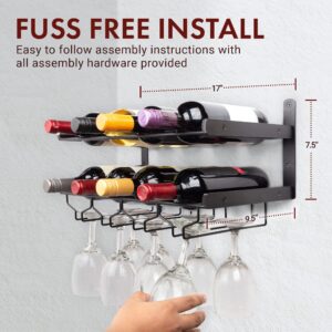 Mildenhall Industrial Wine Rack Wall Mounted with Wine Glass Rack Horizontal Wine Bottle Glass Holder - Holds 8 x Glasses and 8 x Wine Bottles - Sturdy Carbon Steel Construction - 17 x 7.5 in