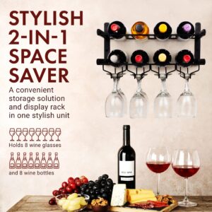 Mildenhall Industrial Wine Rack Wall Mounted with Wine Glass Rack Horizontal Wine Bottle Glass Holder - Holds 8 x Glasses and 8 x Wine Bottles - Sturdy Carbon Steel Construction - 17 x 7.5 in