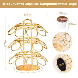KREWEY Coffee Pod Holder, K Cup Holders，Coffee Pod Storage Compatible with K Cups (27 Pods), Spins 360-Degrees Coffee Pod Carousel Holder Organizer, Modern Gold Design (Round,Shining Gold)