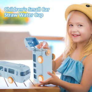 HOTBEST Car Straw Water Cup, 16oz Summer Cute Bus Water Bottle with Shoulder Strap, Leak-Proof Kids Small Square Drinking Cup Cute Cartoon Water Jug Toy Locking Flip Lid Water Kettle for Kids (Blue)