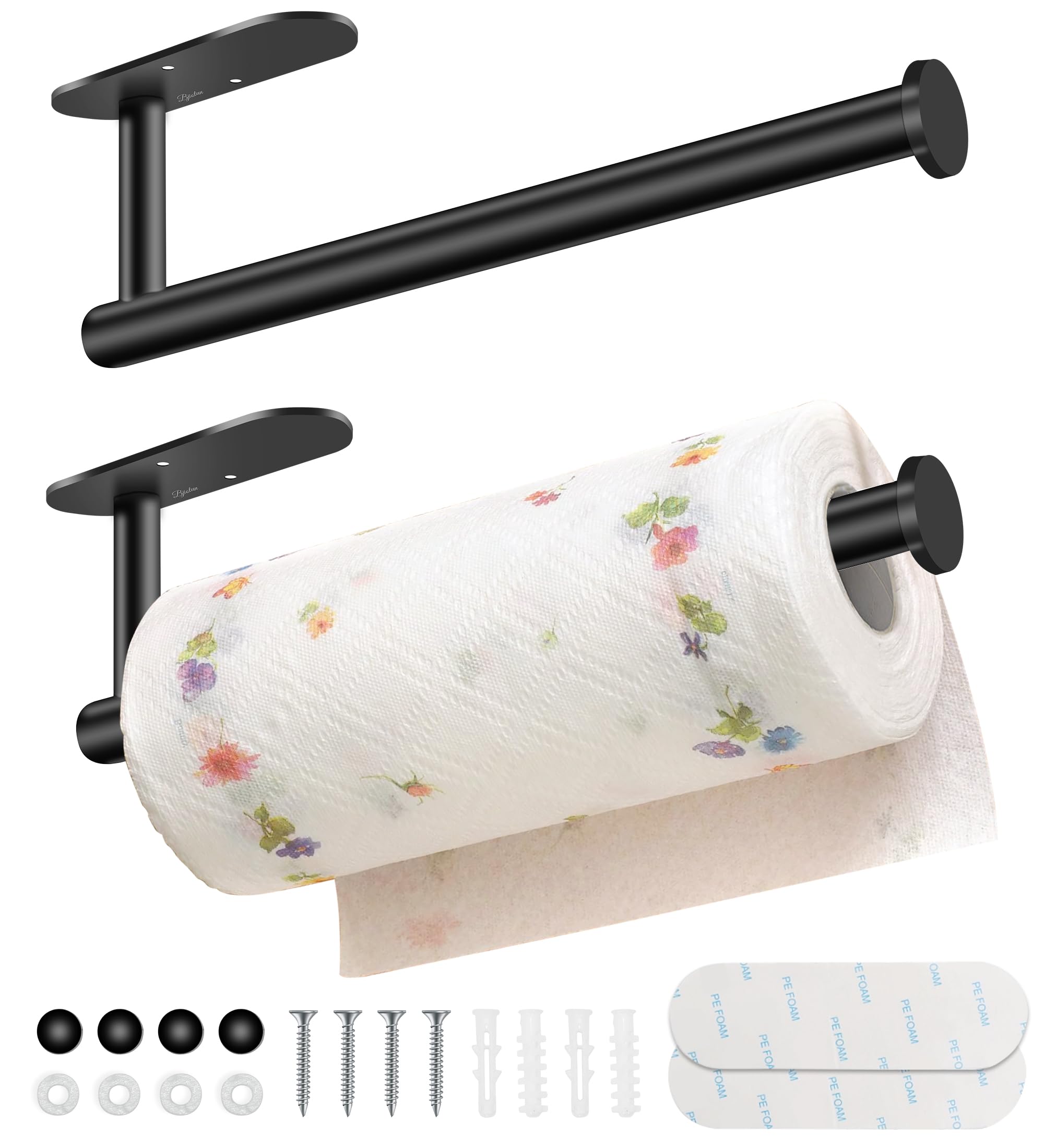 Paper Towel Holder Under Cabinet - Bjiotun Adhesive Paper Towel Holder Wall Mount, Stainless Steel 13.2 Inch Paper Towel Racks for Bathroom Kitchen Paper Towel Holder Countertop (2 Pack, Black)