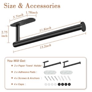 Paper Towel Holder Under Cabinet - Bjiotun Adhesive Paper Towel Holder Wall Mount, Stainless Steel 13.2 Inch Paper Towel Racks for Bathroom Kitchen Paper Towel Holder Countertop (2 Pack, Black)