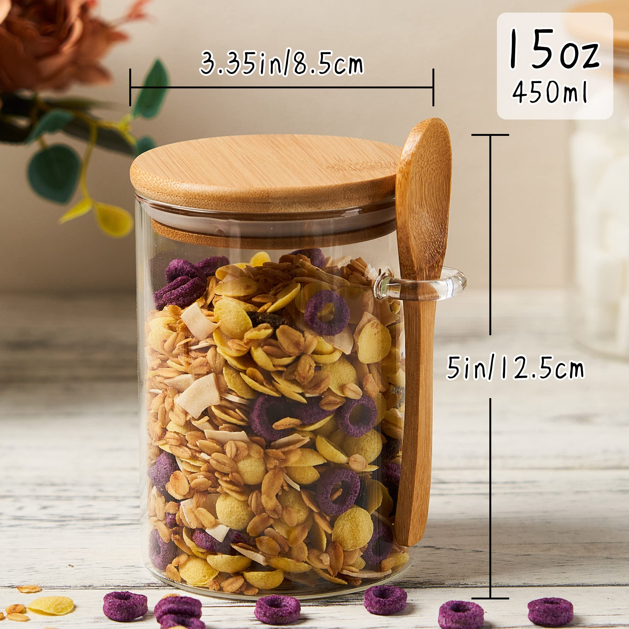 Glass Sugar Container with Spoon - 4 Pack 15oz Glass Jars with Bamboo Lid and Spoon, Bamboo Lid Storage Jar Containers for Coffee Beans, Spice, Brown Sugar, Tea, Flour, Nuts, Candy, Salts and More