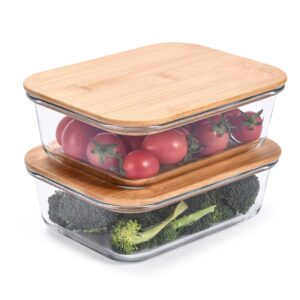 glass food storage containers with bamboo lids (pack of 2) - stackable meal prep container - airtight glass food containers with lids - microwave, dishwasher safe - reusable glass lunch pack - 36 oz