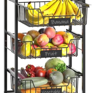 CHLORYARD 4-Tier Vegetable Fruit Basket Kitchen Storage Rolling Cart on Wheels with Pull-Out Baskets and Wood Top for Kitchen Diningroom Pantry