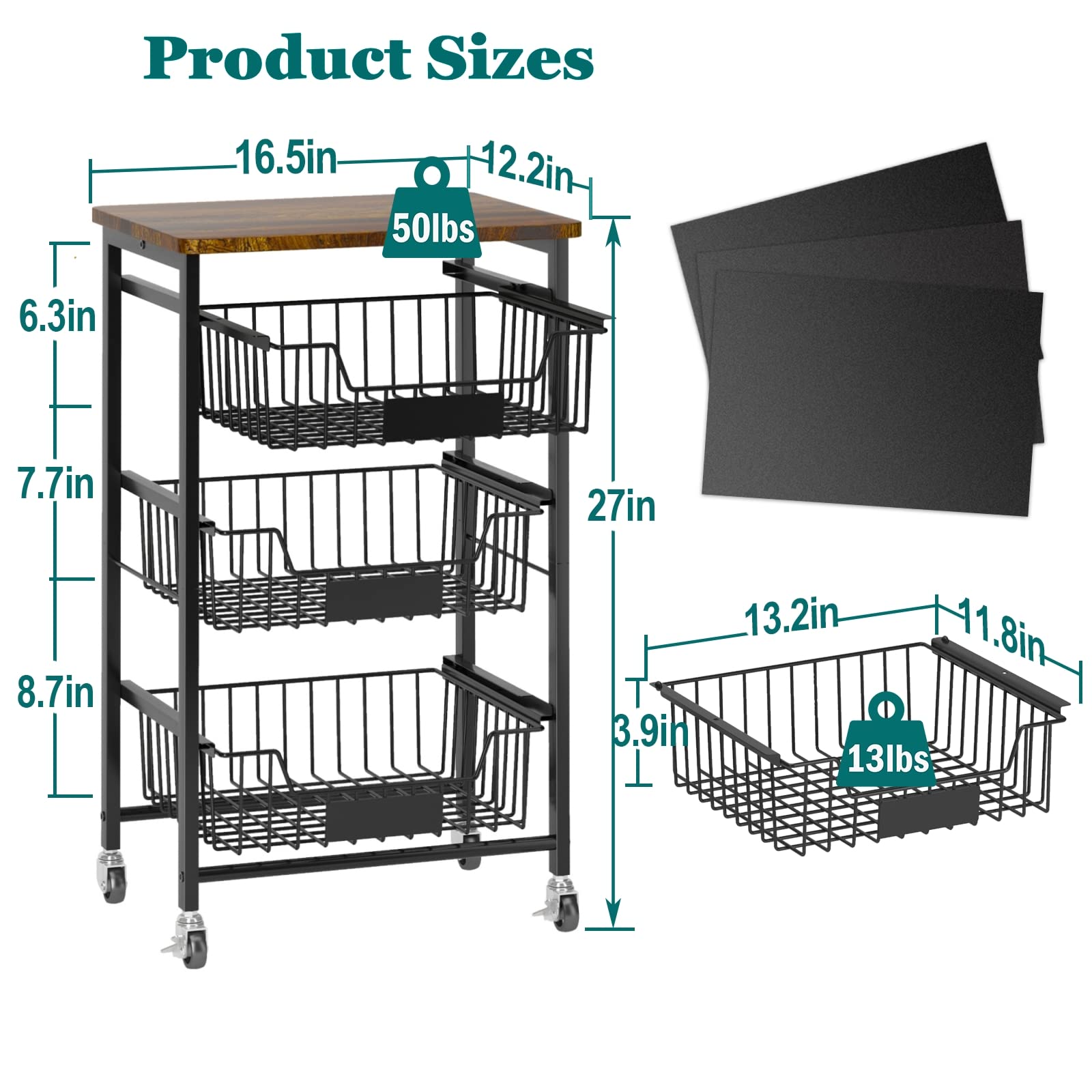 CHLORYARD 4-Tier Vegetable Fruit Basket Kitchen Storage Rolling Cart on Wheels with Pull-Out Baskets and Wood Top for Kitchen Diningroom Pantry