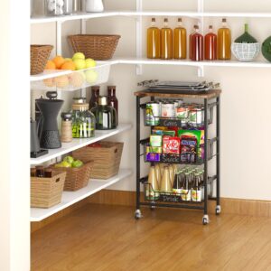 CHLORYARD 4-Tier Vegetable Fruit Basket Kitchen Storage Rolling Cart on Wheels with Pull-Out Baskets and Wood Top for Kitchen Diningroom Pantry