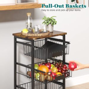 CHLORYARD 4-Tier Vegetable Fruit Basket Kitchen Storage Rolling Cart on Wheels with Pull-Out Baskets and Wood Top for Kitchen Diningroom Pantry