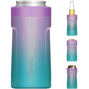3 in 1 insulated universal can cooler - signice double walled vacuum insulator stainless steel slim can cooler for 12 oz skinny tall standard regular can beer bottle (glitter purple blue)
