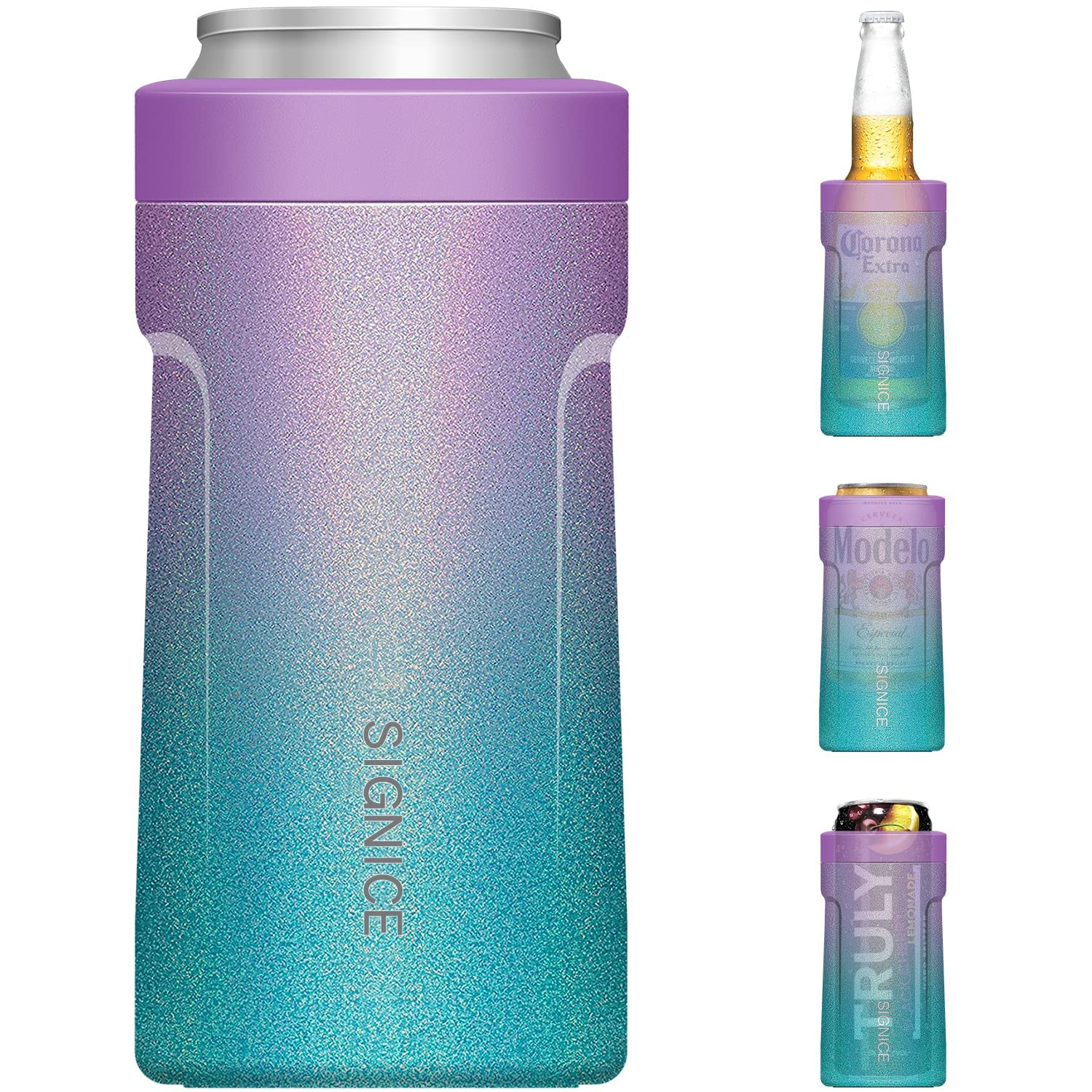 3 In 1 Insulated Universal Can Cooler - Signice Double Walled Vacuum Insulator Stainless Steel Slim Can Cooler for 12 Oz Skinny Tall Standard Regular Can Beer Bottle (Glitter Purple Blue)