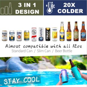 3 In 1 Insulated Universal Can Cooler - Signice Double Walled Vacuum Insulator Stainless Steel Slim Can Cooler for 12 Oz Skinny Tall Standard Regular Can Beer Bottle (Glitter Purple Blue)