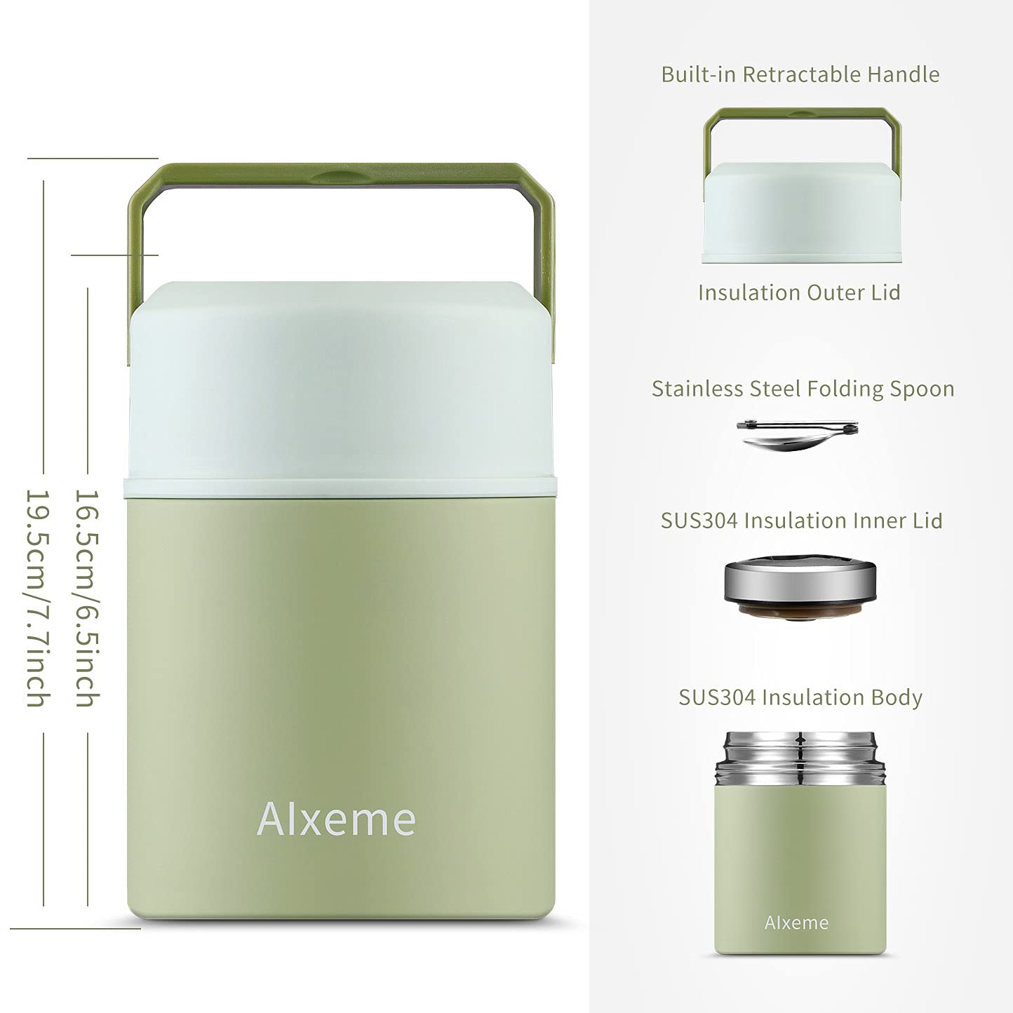 Alxeme Insulated Food Jar Vacuum Insulated Lunch Container Wide Mouth Bento Box with Leak Proof Cap 27OZ Stainless Steel Hot Food Meal Carrier with Spoon & Handle for Kids/Adult Food Flask - Matcha