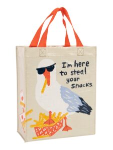 blue q handy tote - i'm here to steal your snacks. reusable lunch bag, little tote, gift bag, sturdy and easy-to-wipe-clean, made from 95% recycled material, 10" h x 8.5" w x 4.5" d