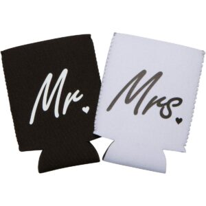 Cute Can Cooler Sets - Wedding Gift - Engagement Gift (Black/White - Mr and Mrs)