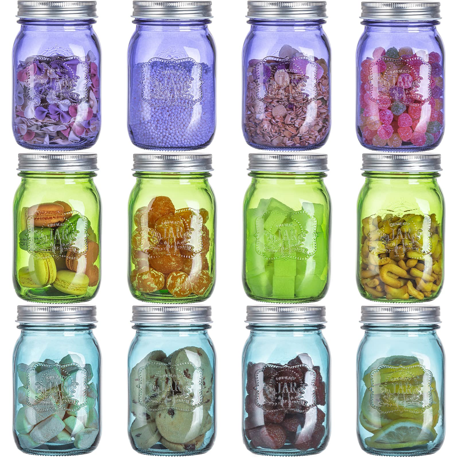 Claplante 12 Pack Mason Jars, 16oz Regular-Mouth Glass Storage Jar with Metal Airtight Lids, Colored Food Storage Container, Kitchen Canisters, Food Storage Canister for Canning, DIY Crafts & Decor