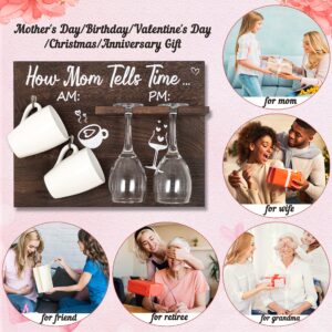 80UncleKimby Mothers Day Gifts for Mom - Funny Wooden Holder for Mother’s Day Gift from Daughter Son Kids Husband Birthday Present(Mugs&Glasses Not Included,Assembly Needed),How Mom Tells Time AM PM
