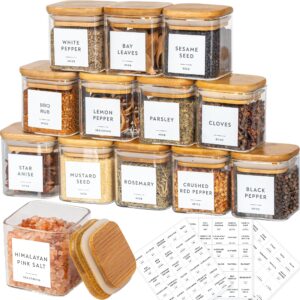 laramaid 5oz 12packs glass jars set with minimalist spice labels, square spice jars with bamboo lids and white vinyl customized sticker labels, food storage container canisters