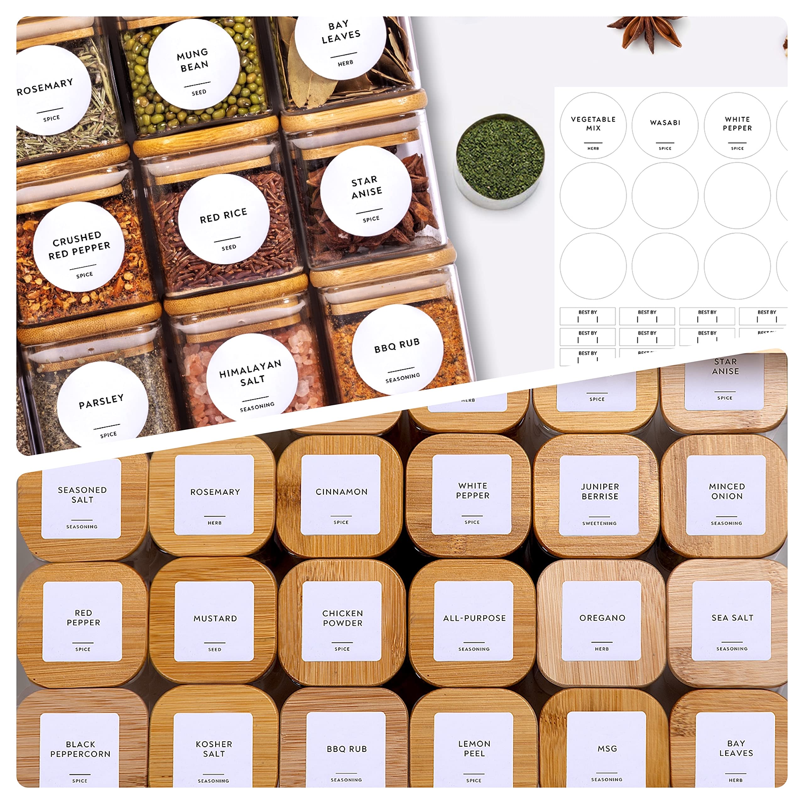 Laramaid 5oz 12Packs Glass Jars Set with Minimalist Spice Labels, Square Spice Jars with Bamboo Lids and White Vinyl Customized Sticker Labels, Food Storage Container Canisters