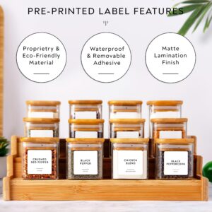 Laramaid 5oz 12Packs Glass Jars Set with Minimalist Spice Labels, Square Spice Jars with Bamboo Lids and White Vinyl Customized Sticker Labels, Food Storage Container Canisters