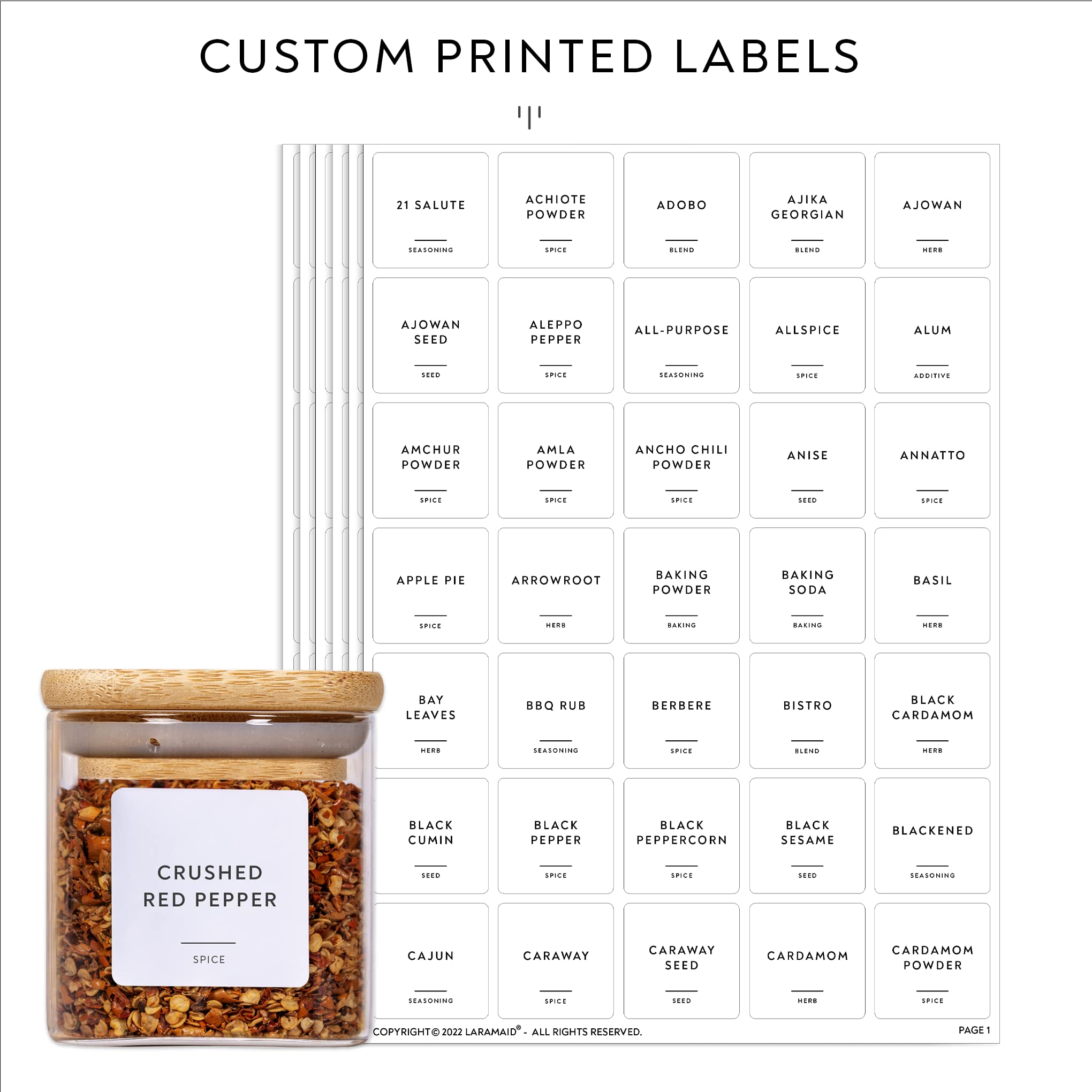 Laramaid 5oz 12Packs Glass Jars Set with Minimalist Spice Labels, Square Spice Jars with Bamboo Lids and White Vinyl Customized Sticker Labels, Food Storage Container Canisters