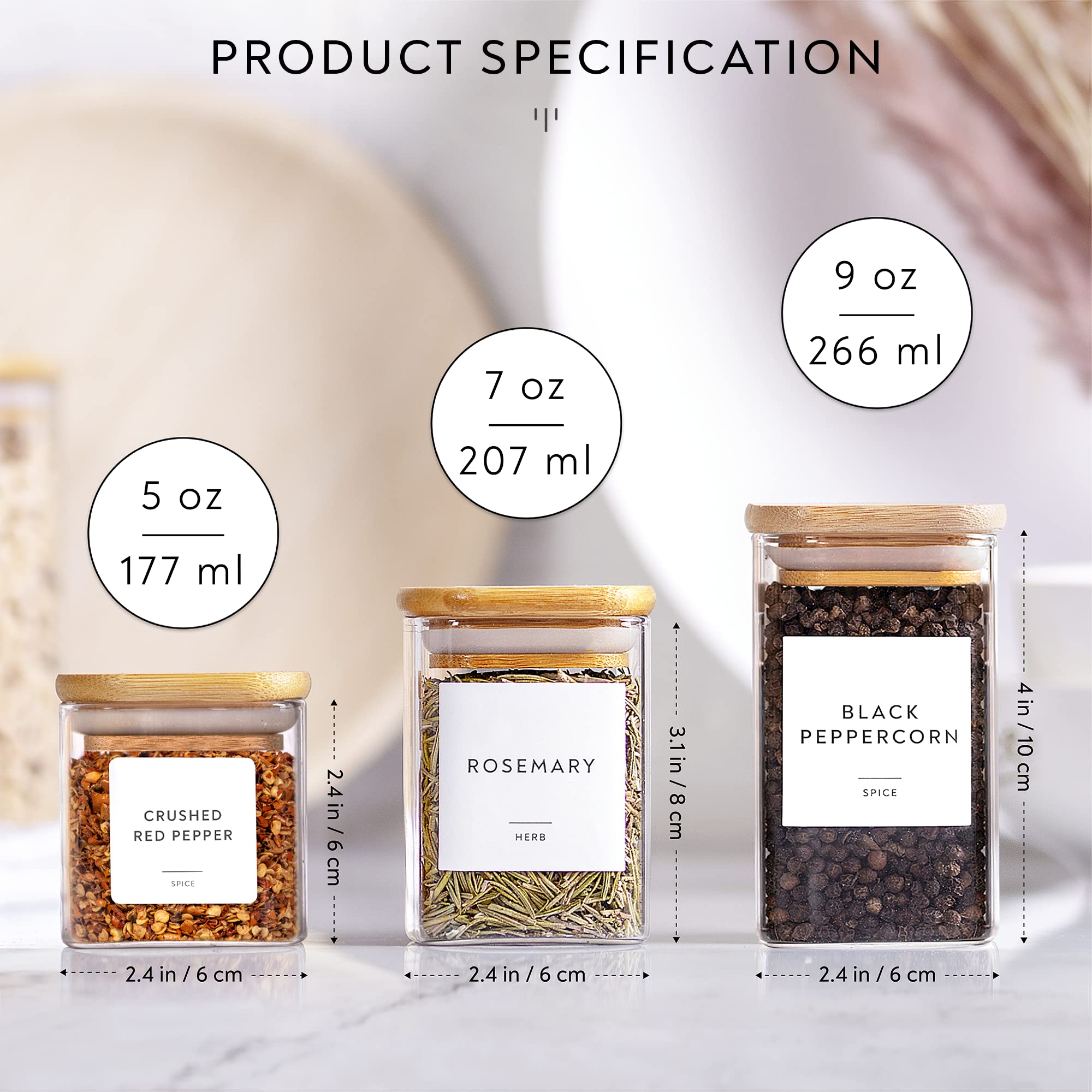 Laramaid 5oz 12Packs Glass Jars Set with Minimalist Spice Labels, Square Spice Jars with Bamboo Lids and White Vinyl Customized Sticker Labels, Food Storage Container Canisters