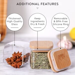 Laramaid 5oz 12Packs Glass Jars Set with Minimalist Spice Labels, Square Spice Jars with Bamboo Lids and White Vinyl Customized Sticker Labels, Food Storage Container Canisters