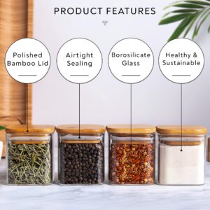 Laramaid 5oz 12Packs Glass Jars Set with Minimalist Spice Labels, Square Spice Jars with Bamboo Lids and White Vinyl Customized Sticker Labels, Food Storage Container Canisters