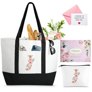 floral ini-tial large tote bag for women, can-vas beach bag w makeup bag, personalized friend 50th birthday bridesmaid bridal shower mothers day gifts w inner pocket, top zi-pper, gift box, card j
