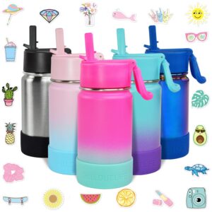 chillout life 12 oz kids insulated water bottle for school with straw lid leakproof and cute waterproof stickers, personalized stainless steel thermos flask metal water bottle for girls & boys