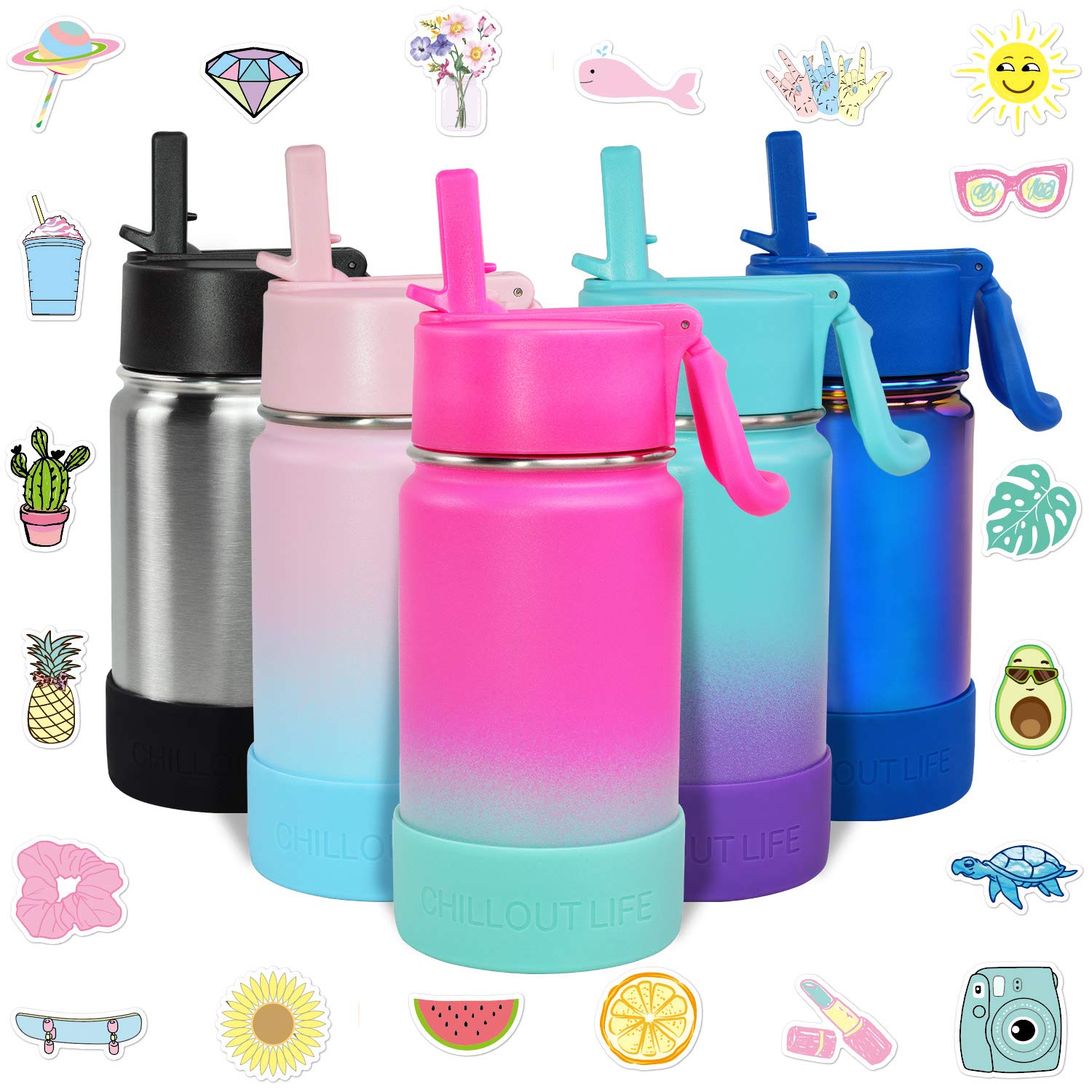 CHILLOUT LIFE 12 oz Kids Insulated Water Bottle for School with Straw Lid Leakproof and Cute Waterproof Stickers, Personalized Stainless Steel Thermos Flask Metal Water Bottle for Girls & Boys