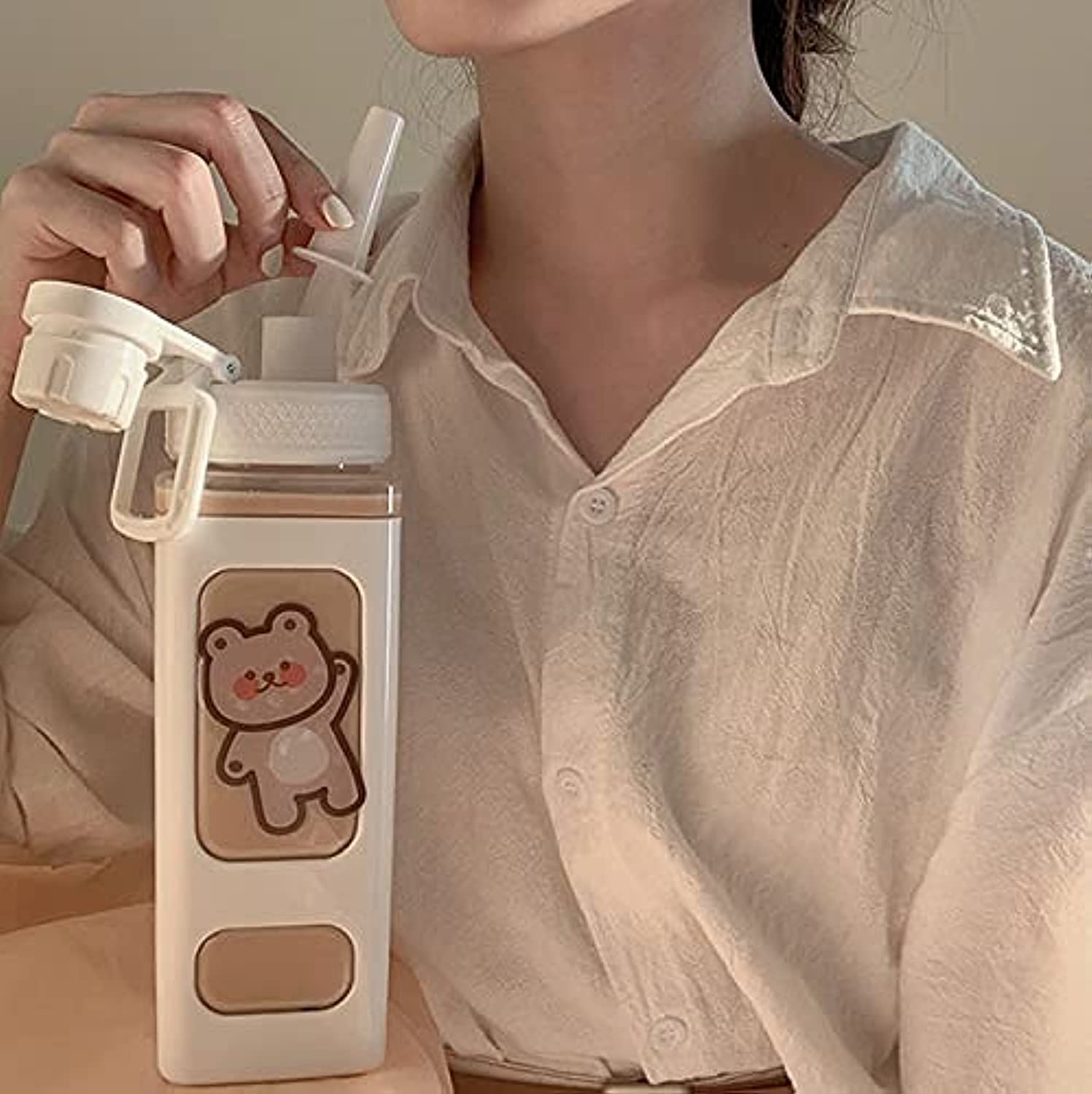 JQWSVE Kawaii Bear Water Bottle with Straw and Sticker, 24 oz Portable Square Drinking Bottle