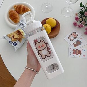 JQWSVE Kawaii Bear Water Bottle with Straw and Sticker, 24 oz Portable Square Drinking Bottle