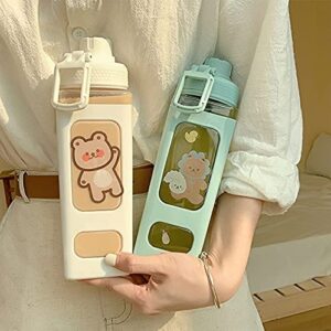 JQWSVE Kawaii Bear Water Bottle with Straw and Sticker, 24 oz Portable Square Drinking Bottle