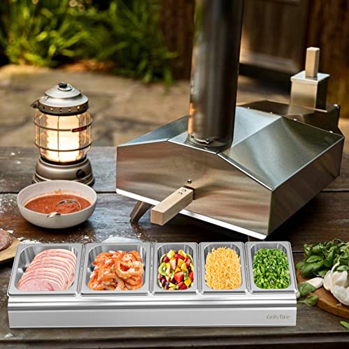 Onlyfire Pizza Topping Station Stainless Steel Seasoning Containers with Lid, 5 Compartment Trays for Prepping Ingredients and Toppings