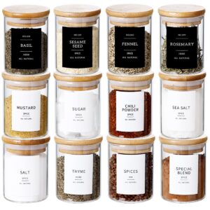 czzgsm 12 pcs glass spice jars with 296 spice labels preprinted of white and black color- 6oz thicken(2.4mm) spice containers with bamboo airtight lids - empty small herb seasoning jars