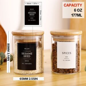 CZZGSM 12 Pcs Glass Spice Jars With 296 Spice Labels Preprinted of White and Black Color- 6oz Thicken(2.4mm) Spice Containers With Bamboo Airtight Lids - Empty Small Herb Seasoning Jars