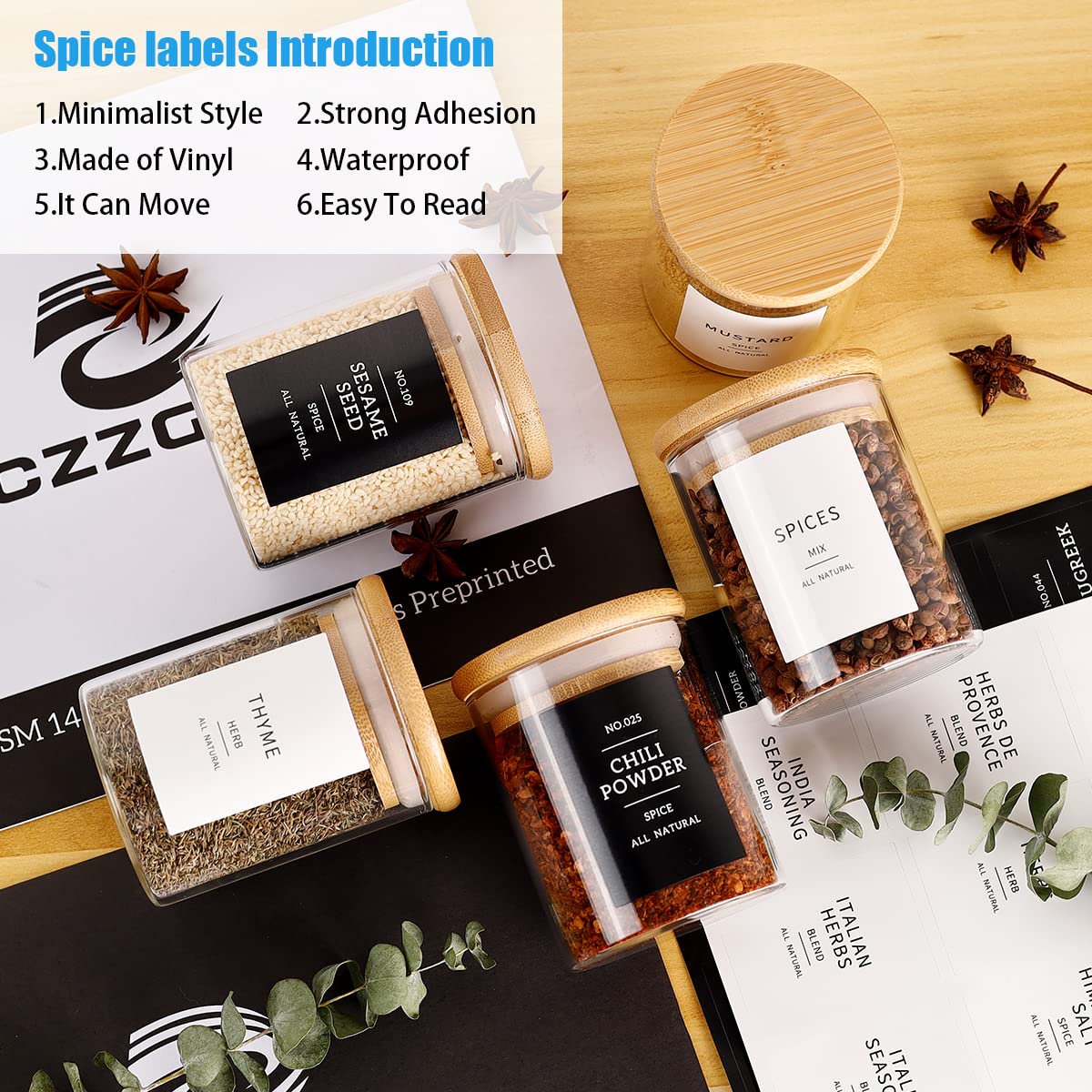 CZZGSM 12 Pcs Glass Spice Jars With 296 Spice Labels Preprinted of White and Black Color- 6oz Thicken(2.4mm) Spice Containers With Bamboo Airtight Lids - Empty Small Herb Seasoning Jars