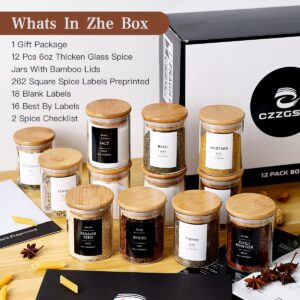 CZZGSM 12 Pcs Glass Spice Jars With 296 Spice Labels Preprinted of White and Black Color- 6oz Thicken(2.4mm) Spice Containers With Bamboo Airtight Lids - Empty Small Herb Seasoning Jars